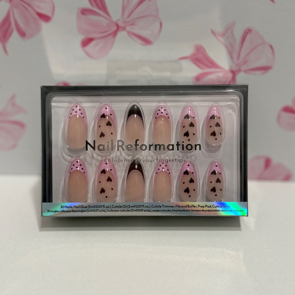 Nail Reformation Press On Nails Chocolate‎ Kiss Heart Polka Dot Almond 30ct Kit